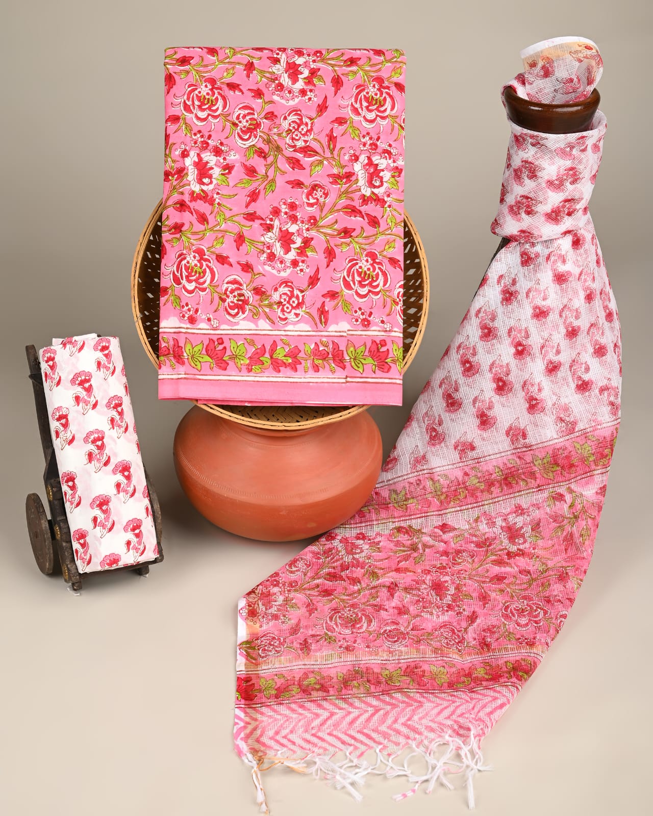 Wholesale Kota Doria Pink Floral Jaal Dress Material – Artisan handblock printed fabric for boutiques, designers & bulk orders